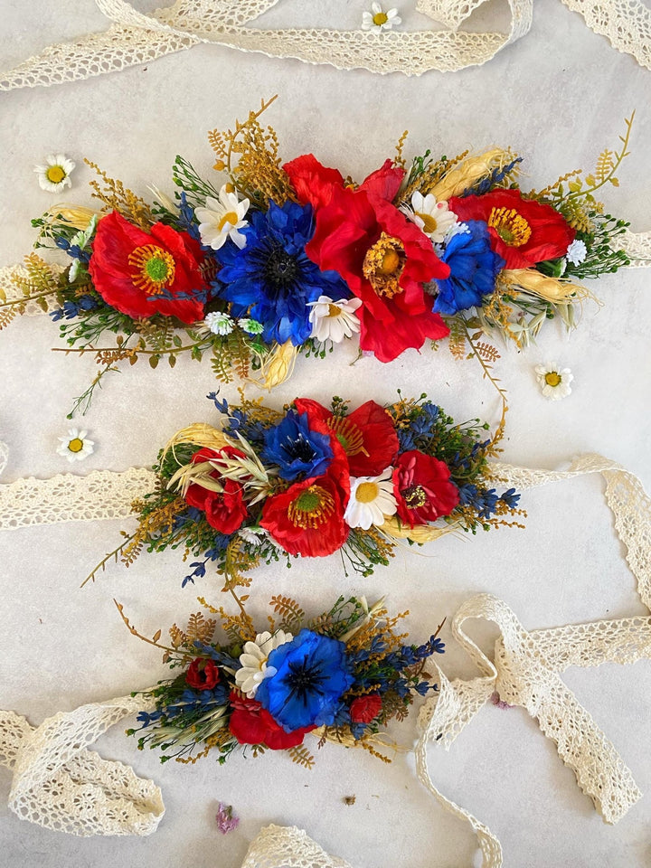 Floral Dog Collar: Folk Meadow Poppy Flower Design, Size L – handmade floral hair accessory by magaela