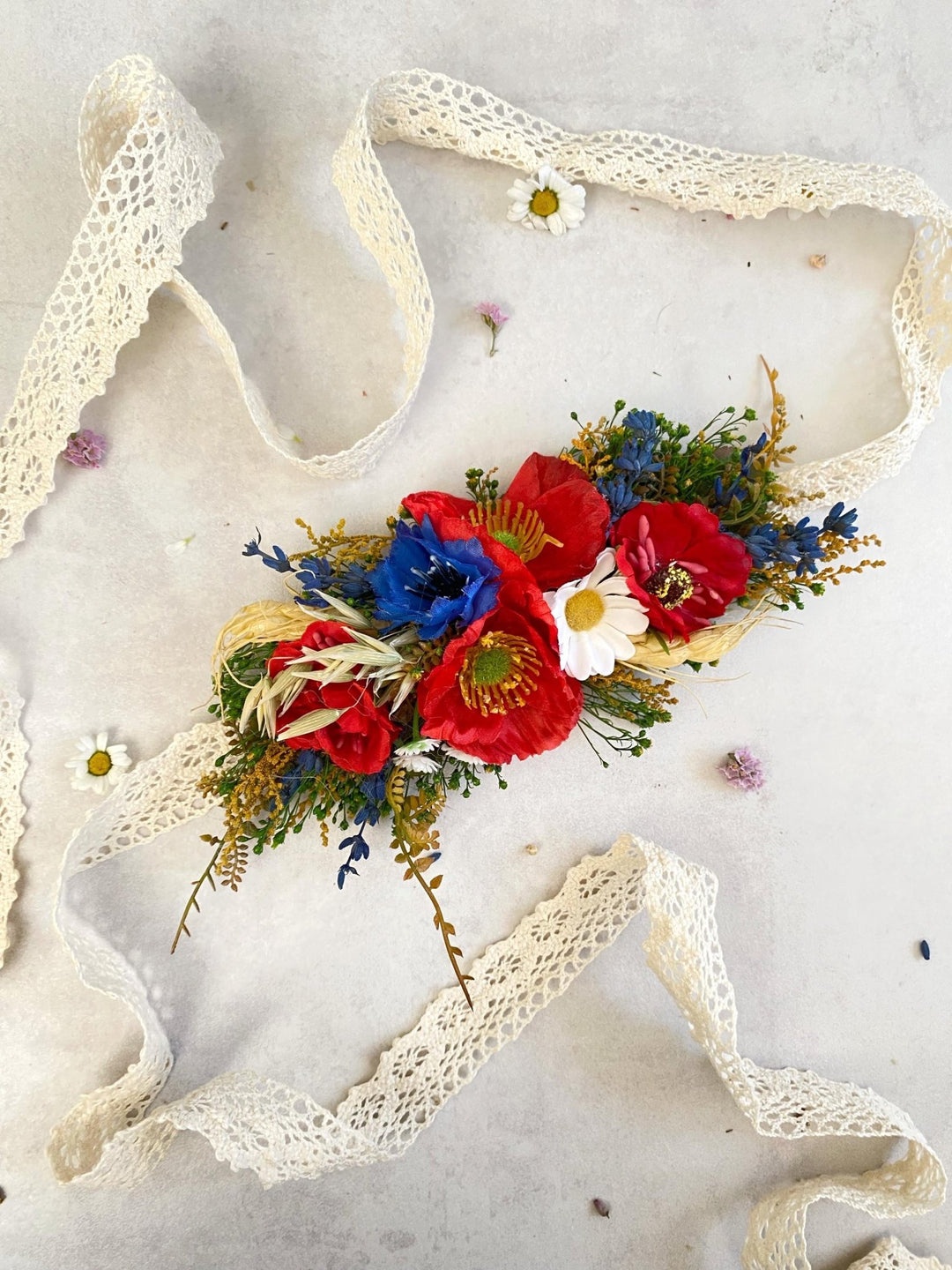 Floral Dog Collar: Poppy Folk Meadow Design - Wedding Accessory (M size) – handmade floral hair accessory by magaela