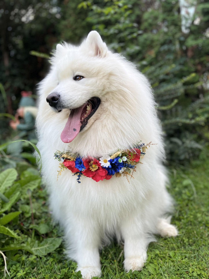 Floral Dog Collar: Folk Meadow Poppy Flower Design, Size L – handmade floral hair accessory by magaela