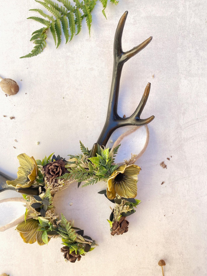 Fairytale Deer Antler Crown: Anemone Flower Headpiece, Pagan Fest Cosplay – handmade floral hair accessory by magaela