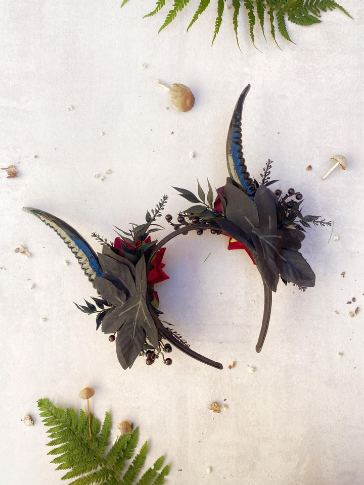 Red Rose & Black Horns Crown: Gothic Pagan Headpiece – handmade floral hair accessory by magaela