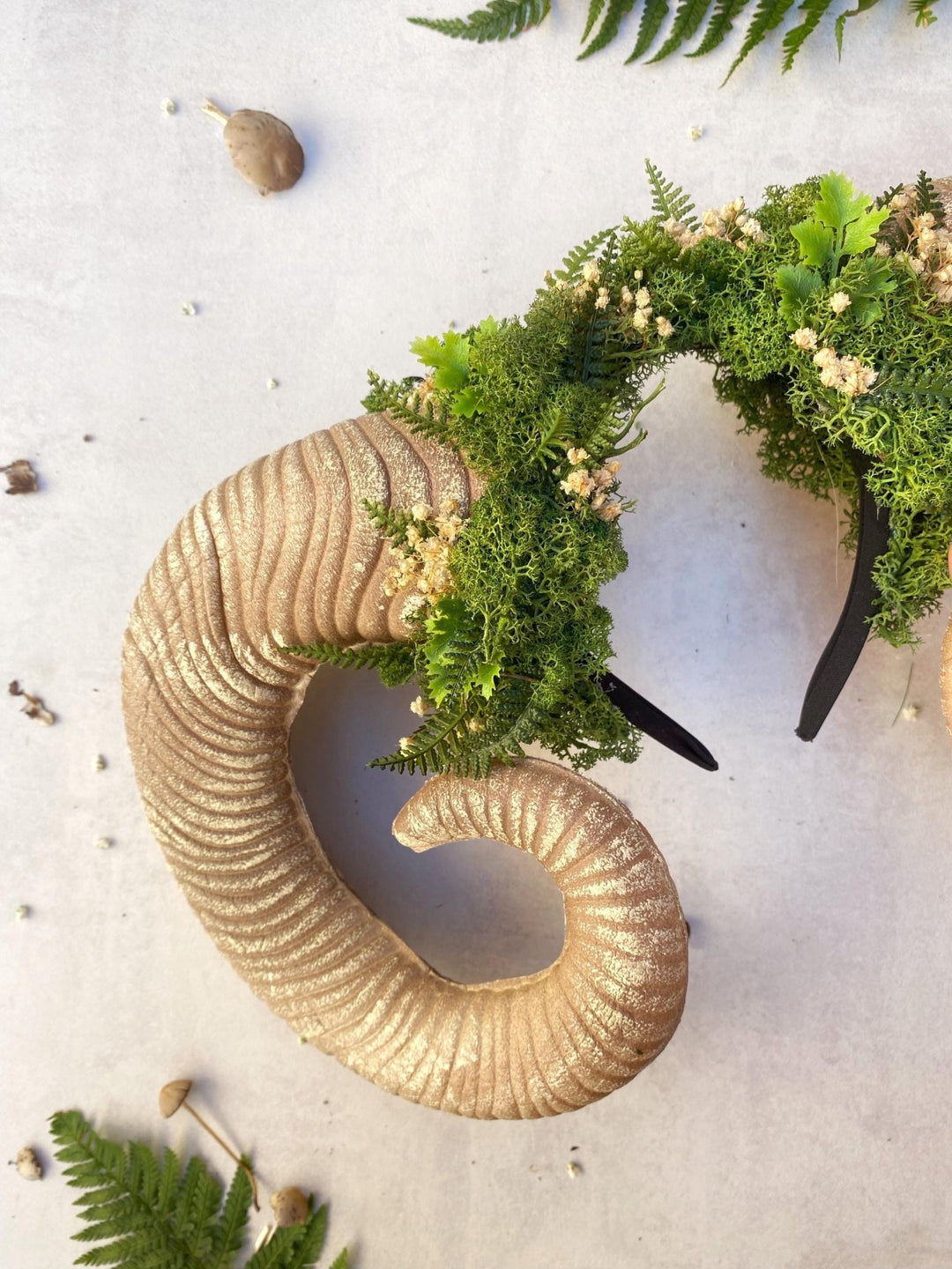 Greenery Witch Headband: Ram Horns Crown - Fairycore Pagan Cosplay – handmade floral hair accessory by magaela