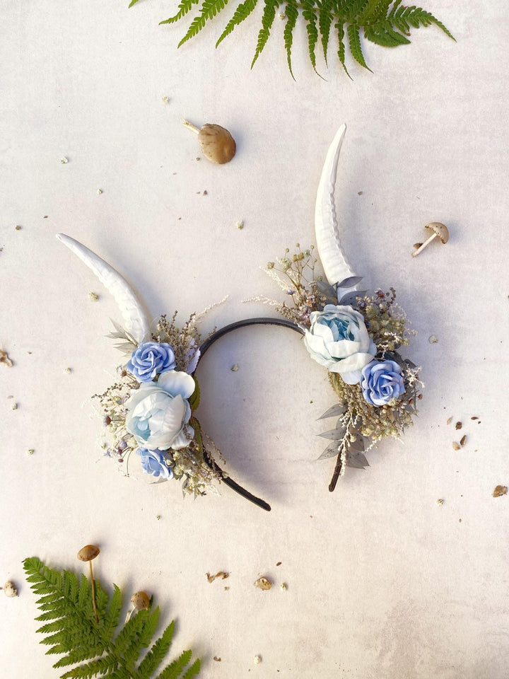 Blue Flower Crown with White Horns: Romantic Floral Headpiece – handmade floral hair accessory by magaela