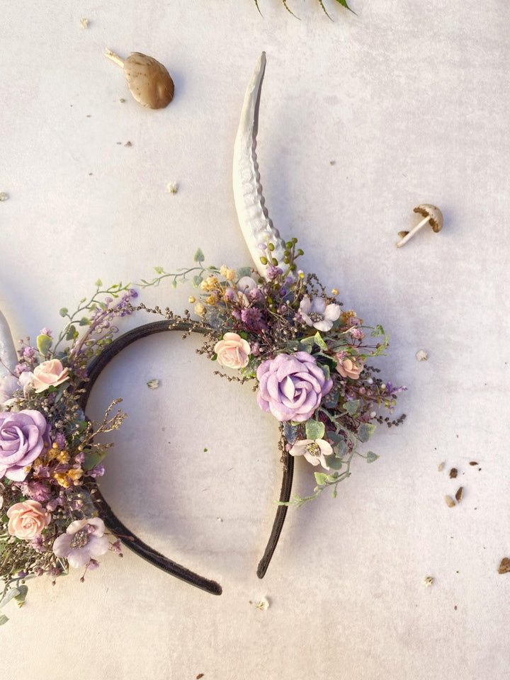Fantasy Flower Crown with White Horns: Pagan Headpiece – handmade floral hair accessory by magaela