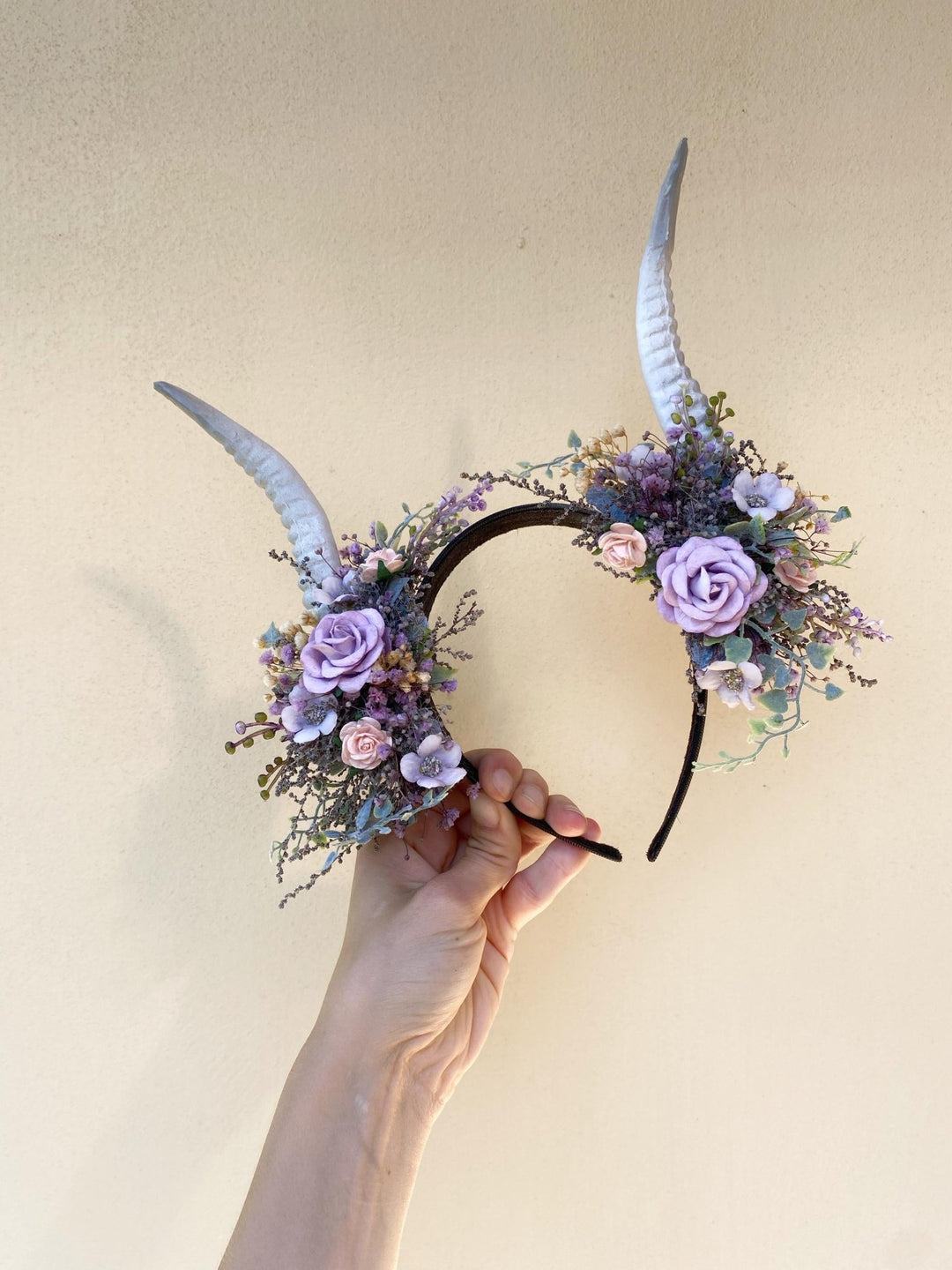 Fantasy Flower Crown with White Horns: Pagan Headpiece – handmade floral hair accessory by magaela