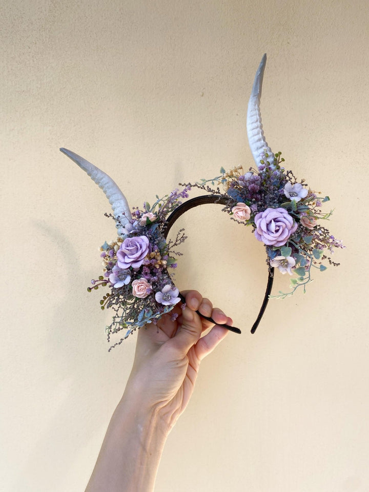 Fantasy Flower Crown with White Horns: Pagan Headpiece – handmade floral hair accessory by magaela