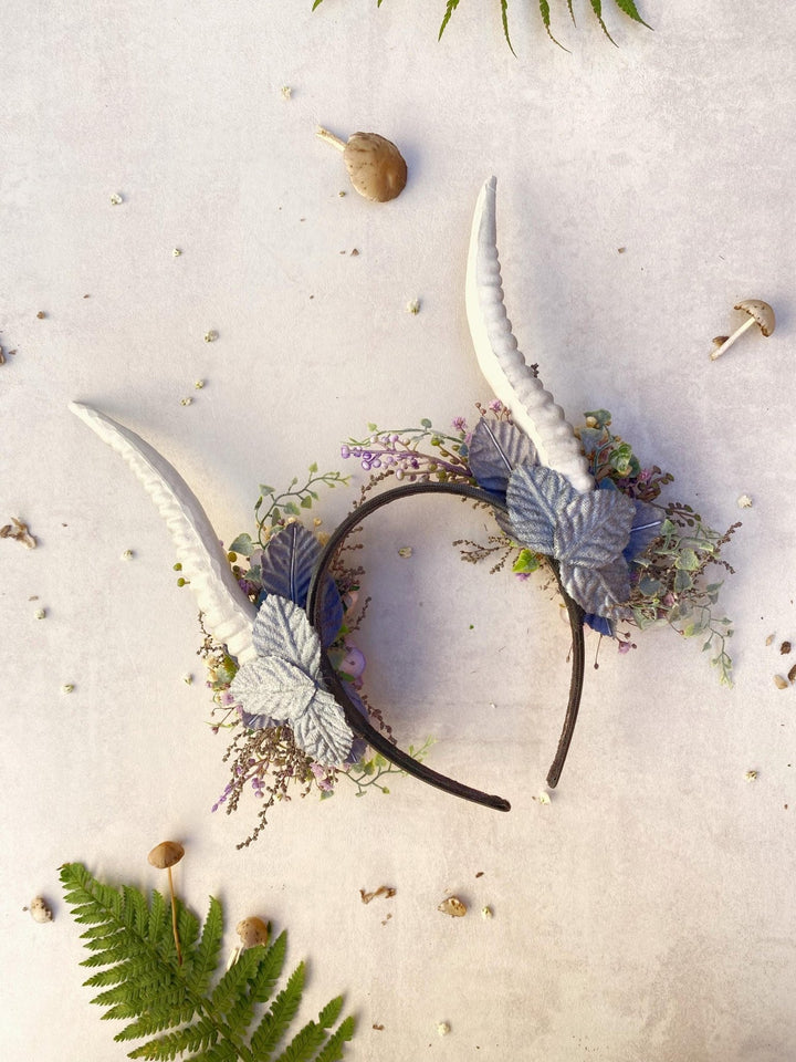 Fantasy Flower Crown with White Horns: Pagan Headpiece – handmade floral hair accessory by magaela