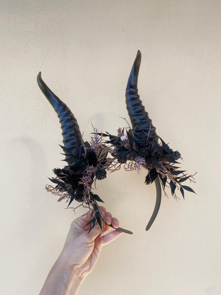 Blackberry Horned Crown: Gothic Flower Witch Headpiece – handmade floral hair accessory by magaela
