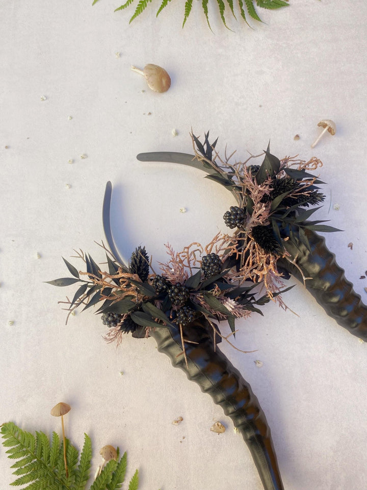 Blackberry Horned Crown: Gothic Flower Witch Headpiece – handmade floral hair accessory by magaela