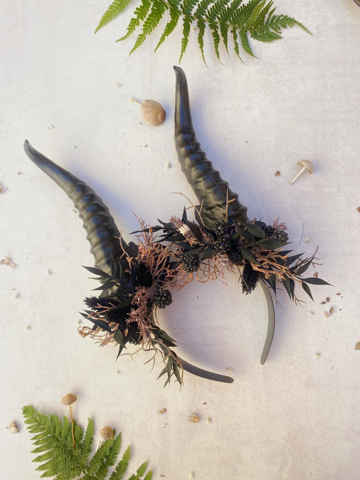 Blackberry Horned Crown: Gothic Flower Witch Headpiece – handmade floral hair accessory by magaela