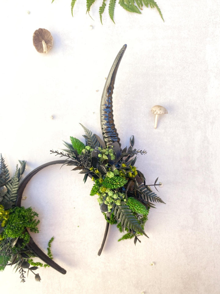 Black Horns Crown: Fern & Woodland Headpiece - Pagan Wicca Samhain – handmade floral hair accessory by magaela