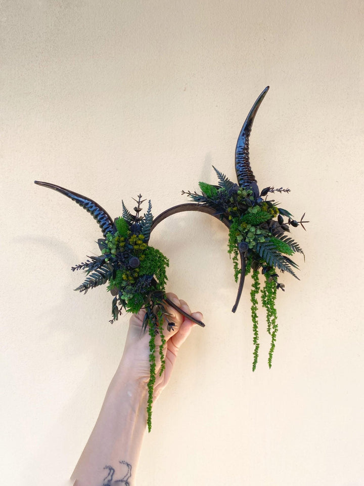 Black Horns Crown: Fern & Woodland Headpiece - Pagan Wicca Samhain – handmade floral hair accessory by magaela
