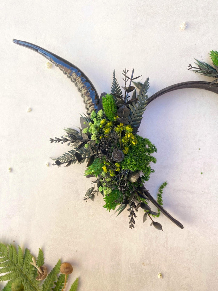Black Horns Crown: Fern & Woodland Headpiece - Pagan Wicca Samhain – handmade floral hair accessory by magaela