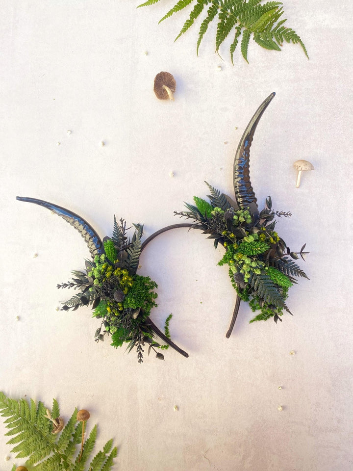 Black Horns Crown: Fern & Woodland Headpiece - Pagan Wicca Samhain – handmade floral hair accessory by magaela