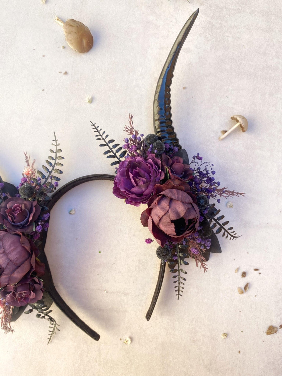 Purple Horns Flower Crown: Gothic Witch Headpiece, Pagan Samhain – handmade floral hair accessory by magaela