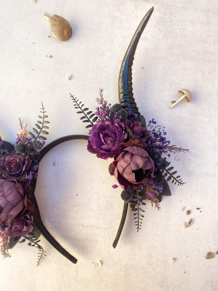 Purple Horns Flower Crown: Gothic Witch Headpiece, Pagan Samhain – handmade floral hair accessory by magaela