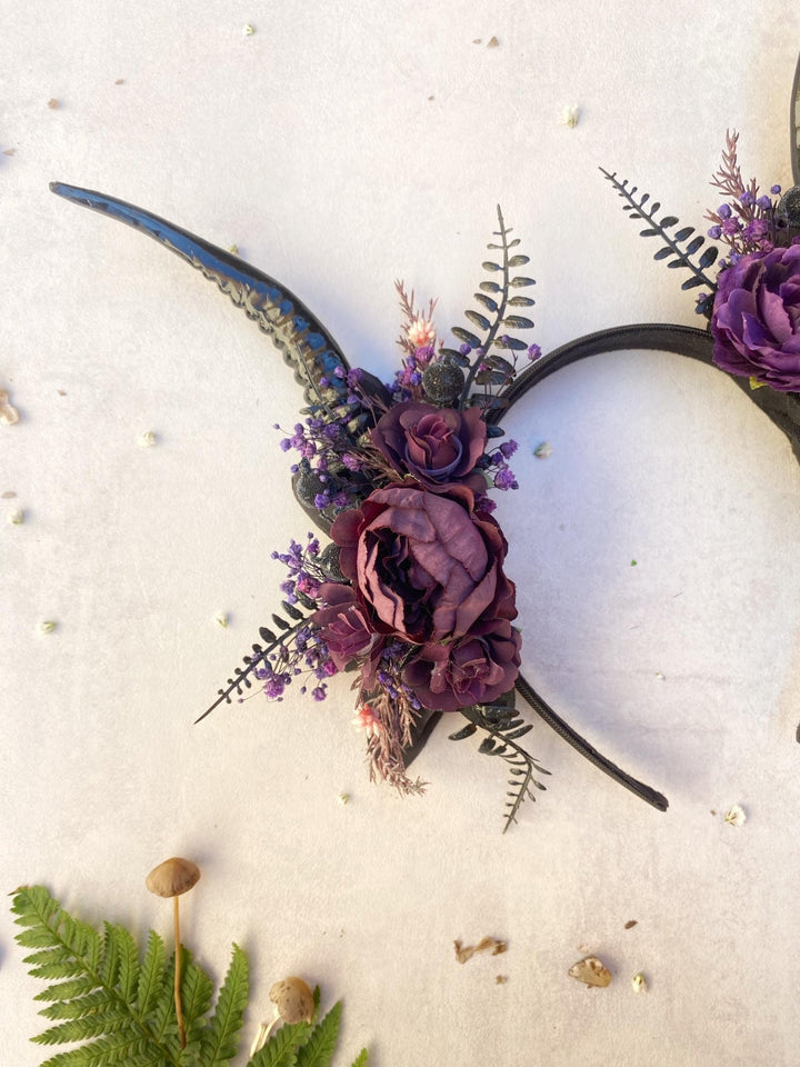 Purple Horns Flower Crown: Gothic Witch Headpiece, Pagan Samhain – handmade floral hair accessory by magaela