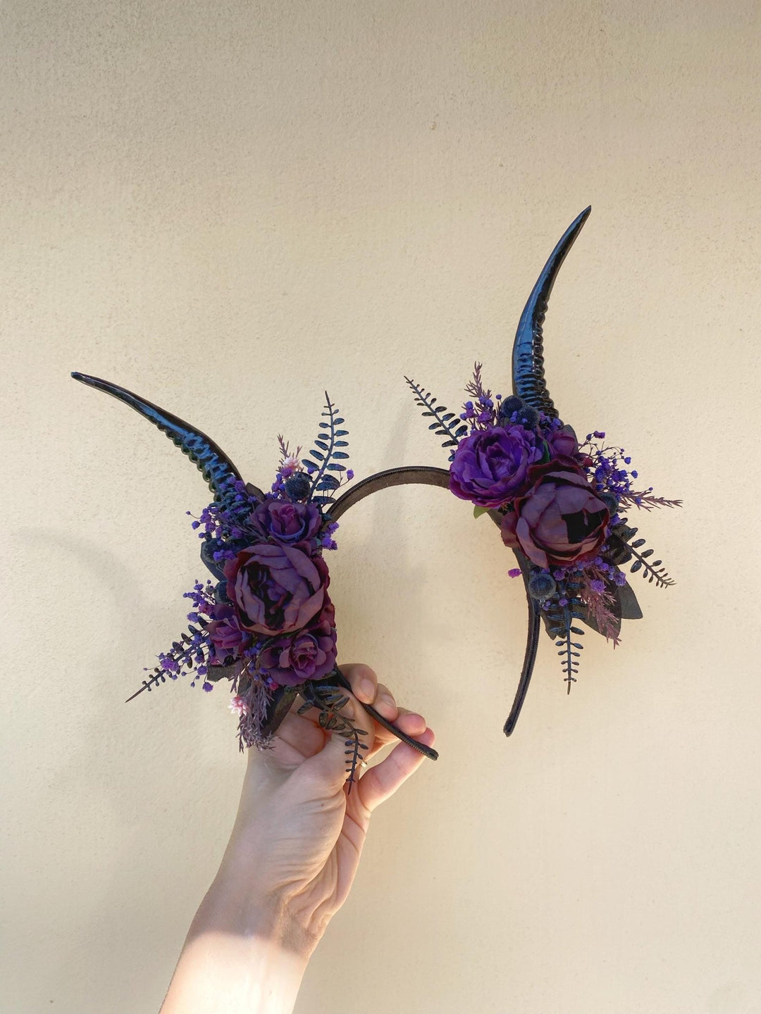 Purple Horns Flower Crown: Gothic Witch Headpiece, Pagan Samhain – handmade floral hair accessory by magaela