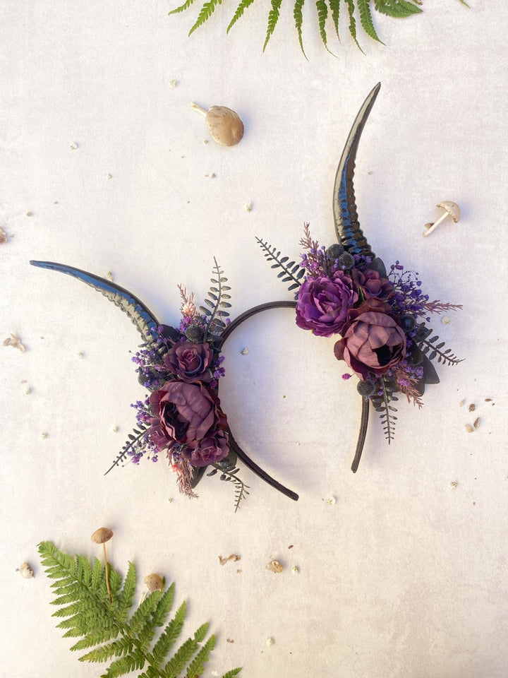 Purple Horns Flower Crown: Gothic Witch Headpiece, Pagan Samhain – handmade floral hair accessory by magaela