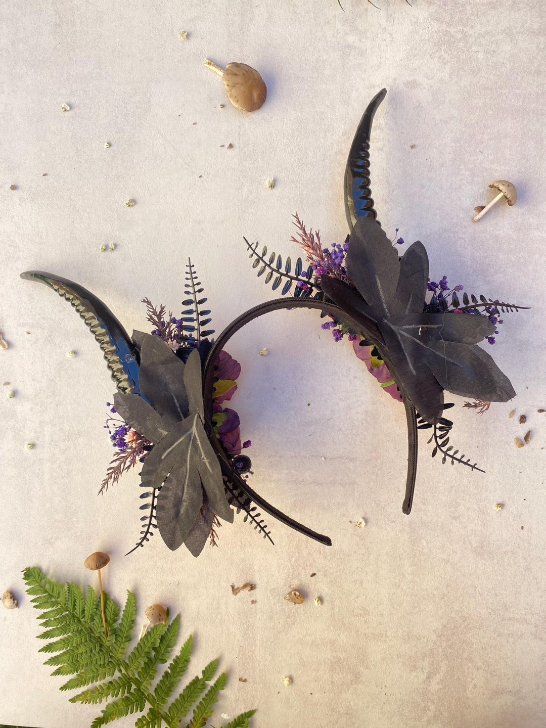 Purple Horns Flower Crown: Gothic Witch Headpiece, Pagan Samhain – handmade floral hair accessory by magaela
