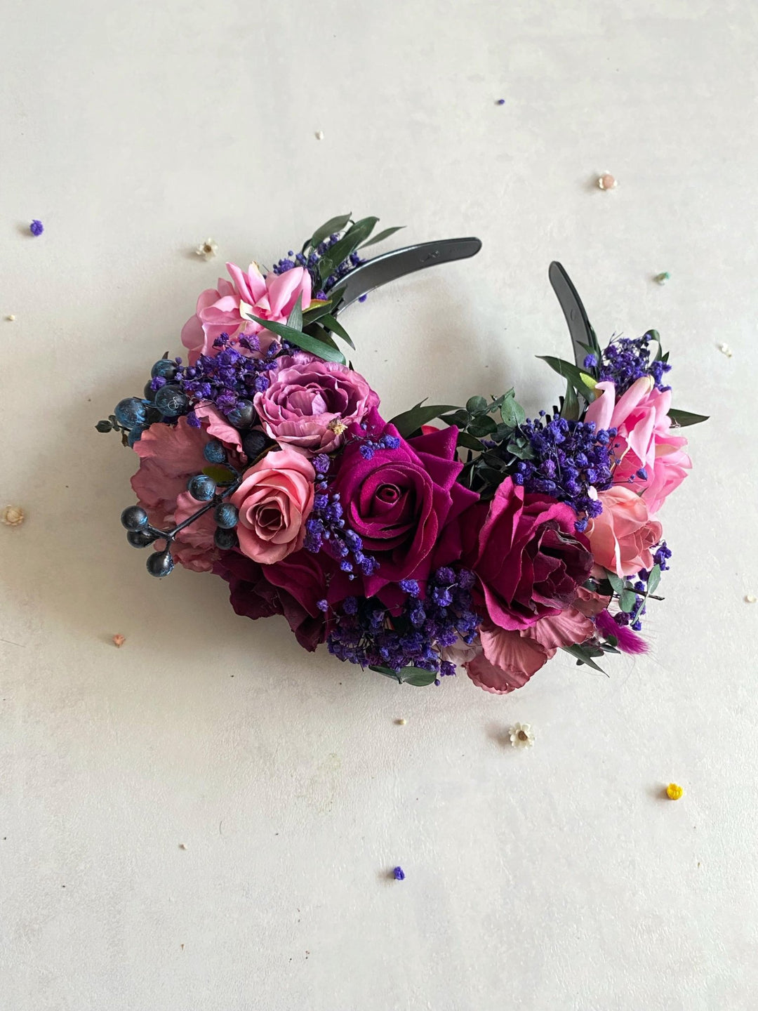 Double sided Frida headband in purple and magenta tones – handmade floral hair accessory by magaela