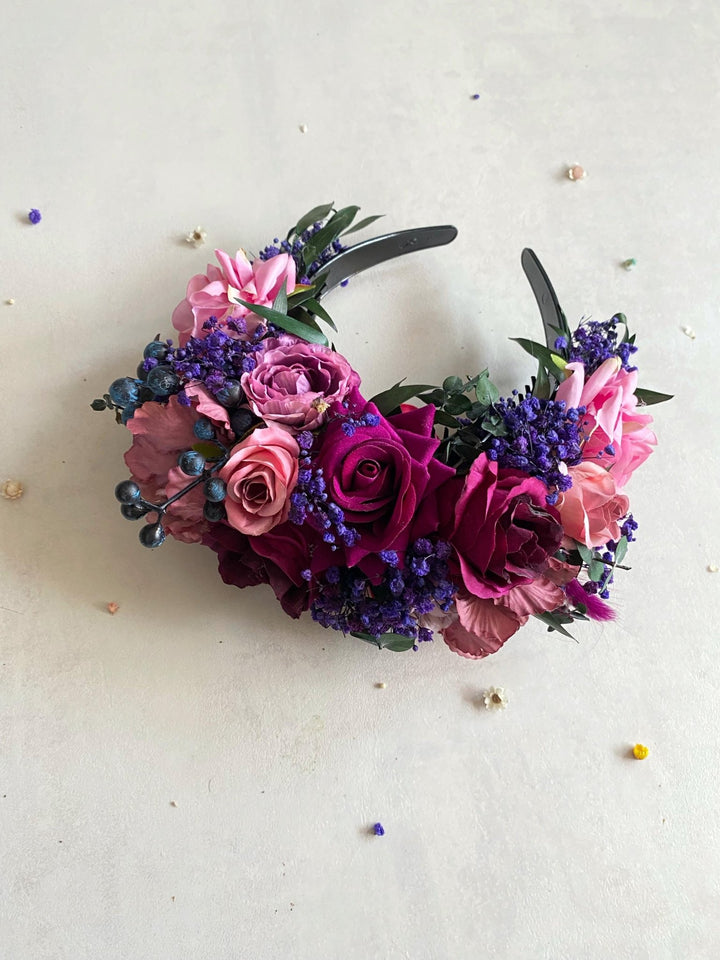 Double sided Frida headband in purple and magenta tones – handmade floral hair accessory by magaela