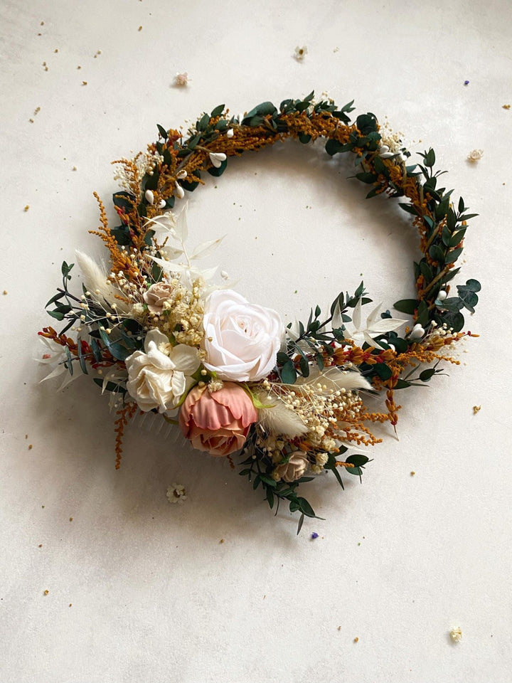 Rustic Wedding Flower Crown with Hair Comb In Earthy tones – handmade floral hair accessory by magaela