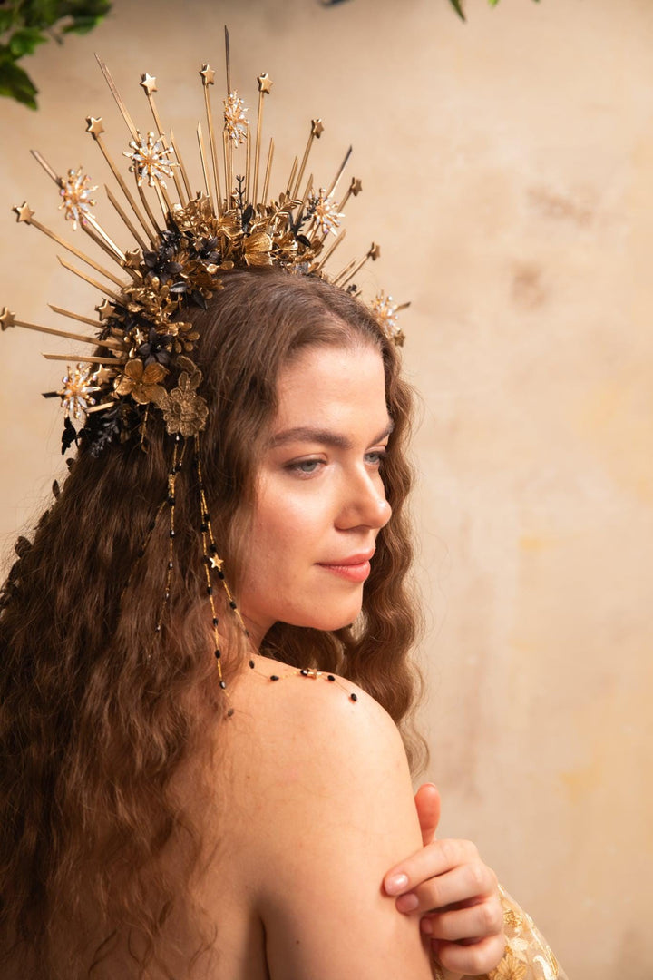 Gold and black Halo Crown: Luxury Bridal Headpiece with veil – handmade floral hair accessory by magaela