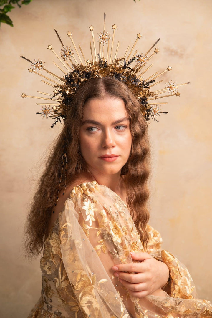 Gold and black Halo Crown: Luxury Bridal Headpiece with veil – handmade floral hair accessory by magaela