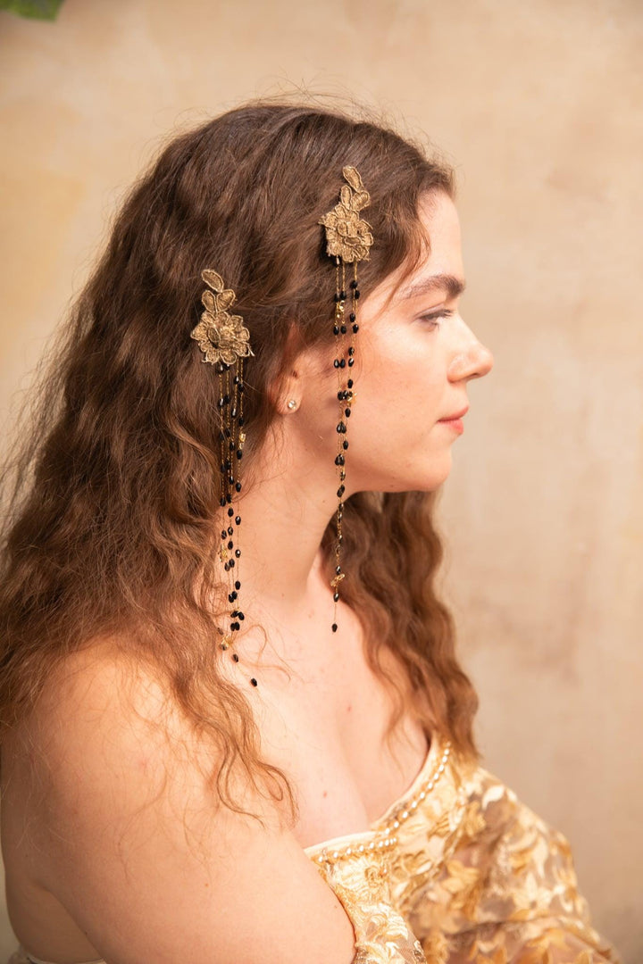 Glam Flower Hair Clip: Beaded Lace Chain, Elegant Wedding Hair Accessory – handmade floral hair accessory by magaela