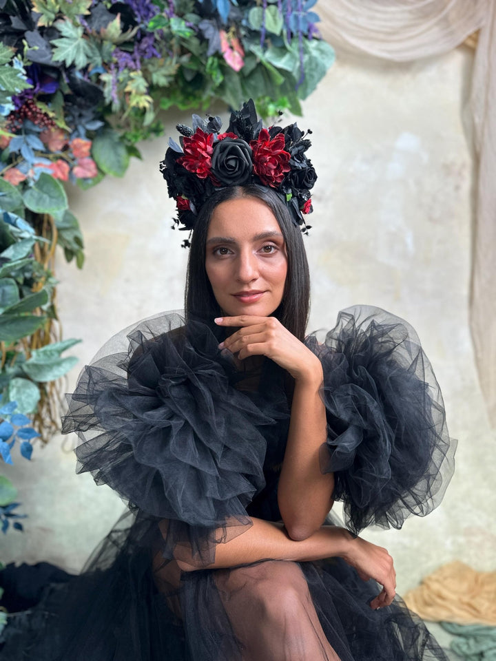 Black & Red Frida Flower Headband – Halloween Floral Crown, Statement Boho Headpiece – handmade floral hair accessory by magaela