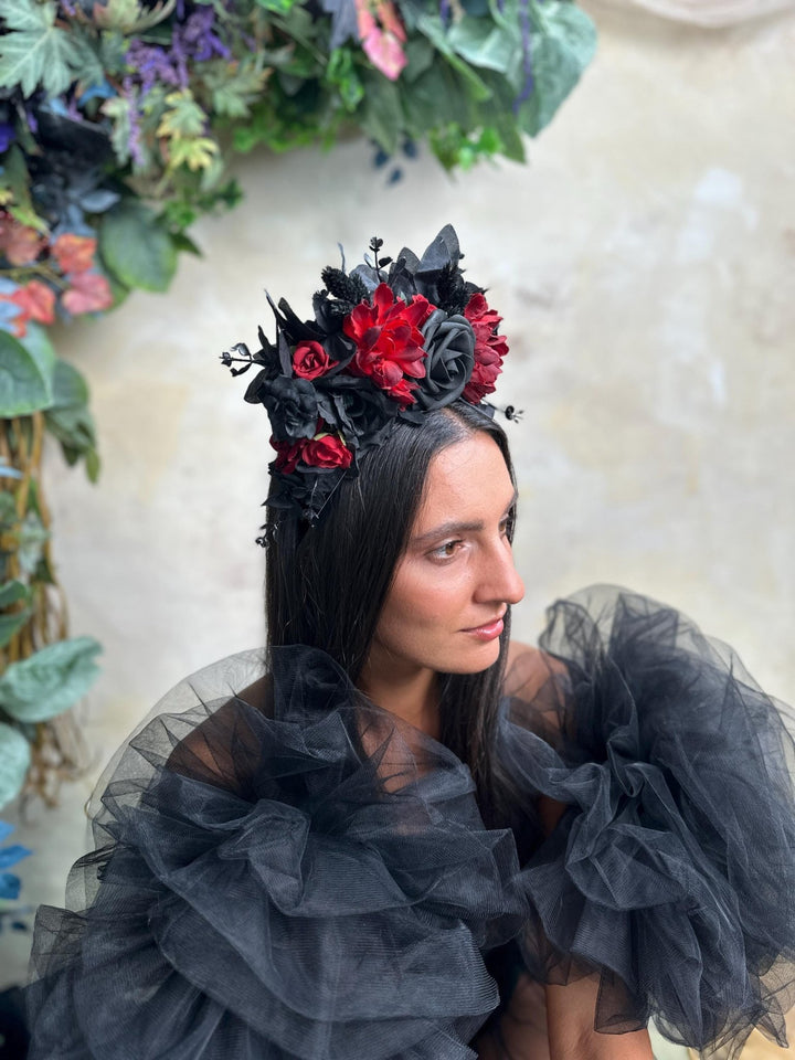 Black & Red Frida Flower Headband – Halloween Floral Crown, Statement Boho Headpiece – handmade floral hair accessory by magaela