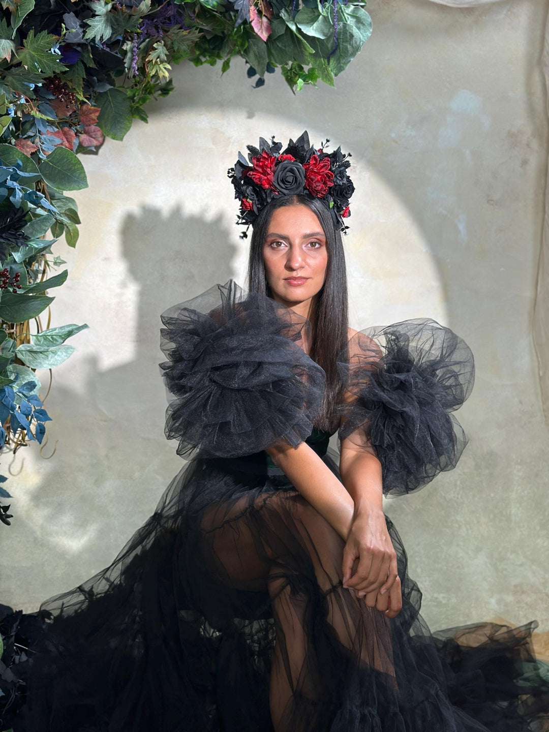 Black & Red Frida Flower Headband – Halloween Floral Crown, Statement Boho Headpiece – handmade floral hair accessory by magaela