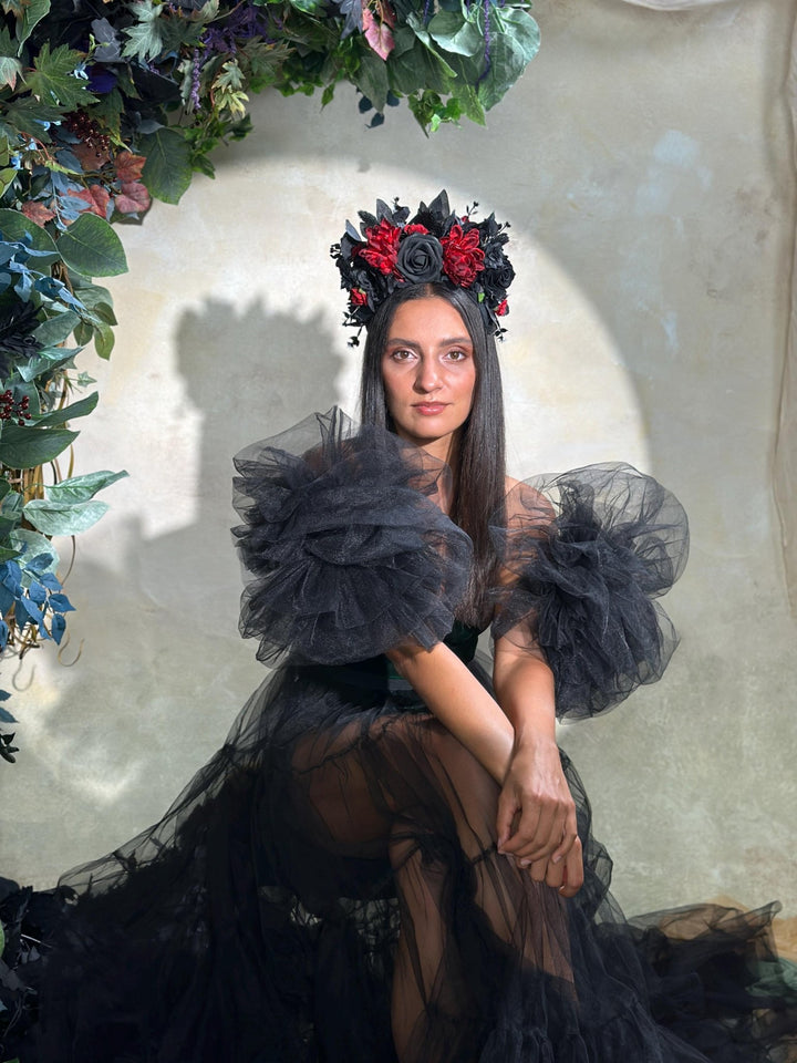 Black & Red Frida Flower Headband – Halloween Floral Crown, Statement Boho Headpiece – handmade floral hair accessory by magaela