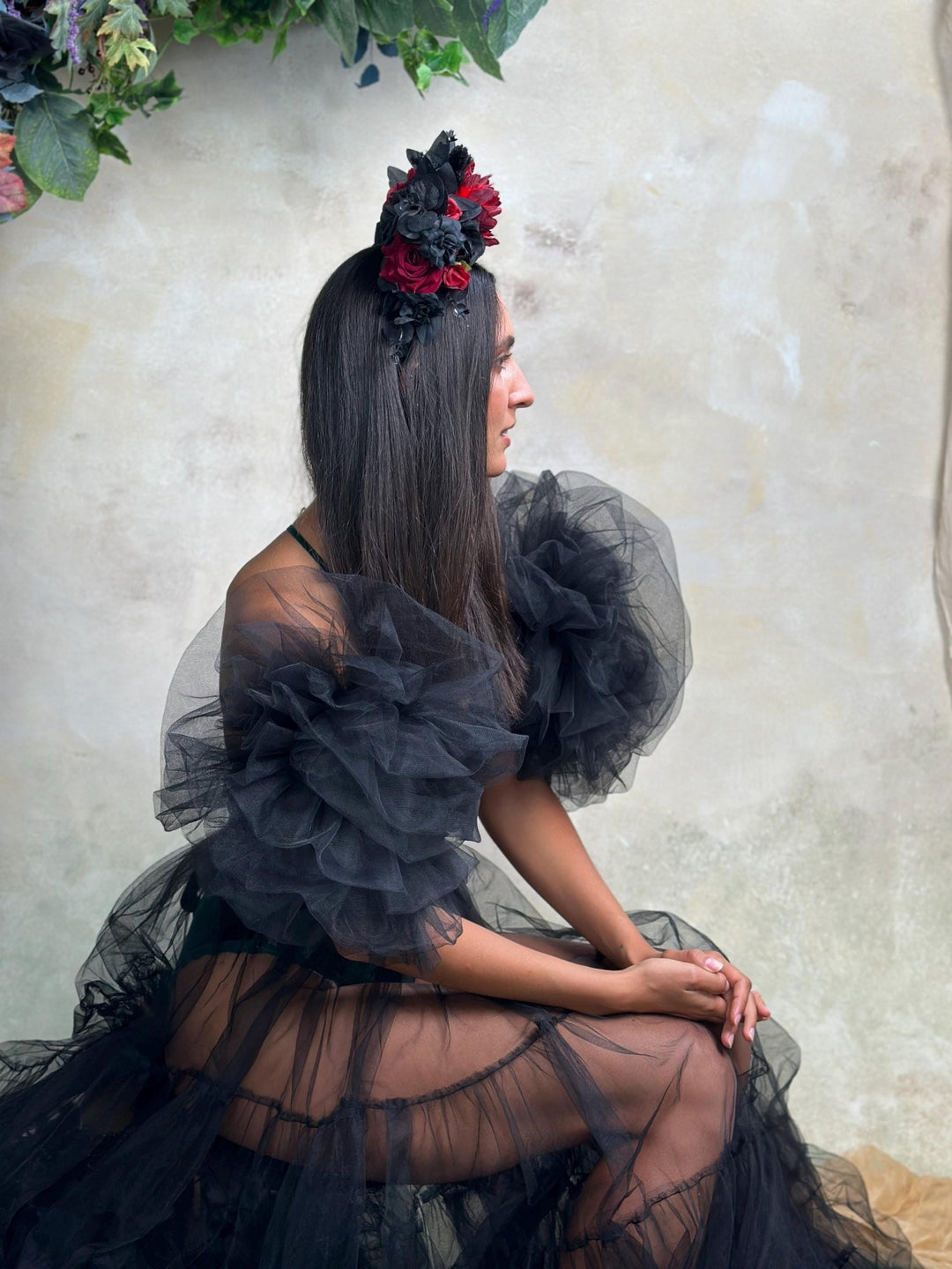 Black & Red Frida Flower Headband – Halloween Floral Crown, Statement Boho Headpiece – handmade floral hair accessory by magaela