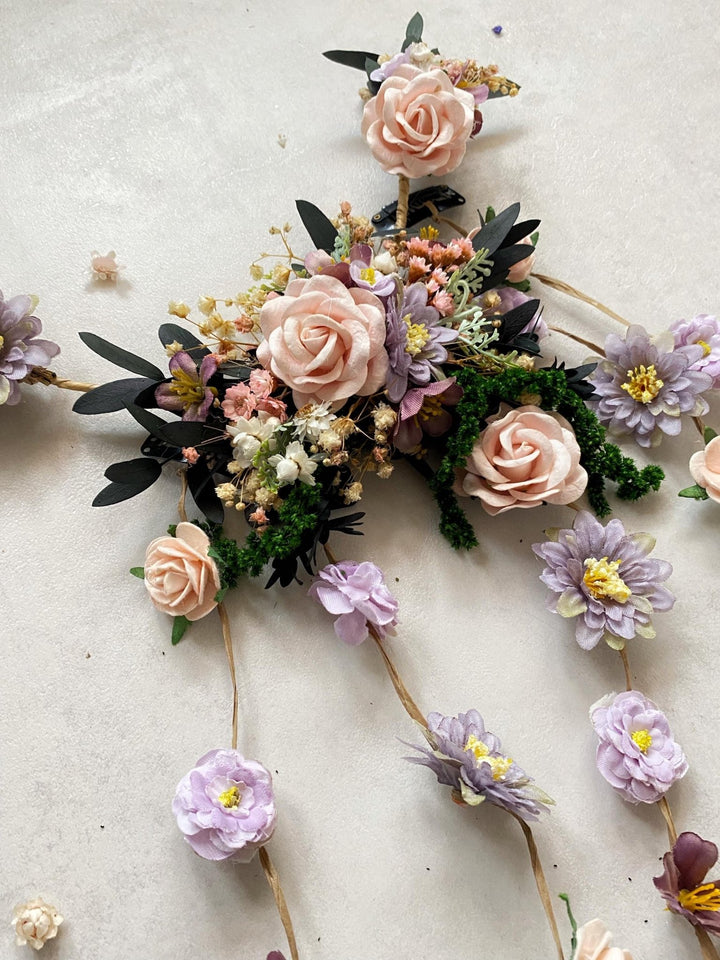 Blush Floral Wedding Hair Vine: Boho Bridal Headpiece with Hanging Clips – handmade floral hair accessory by magaela