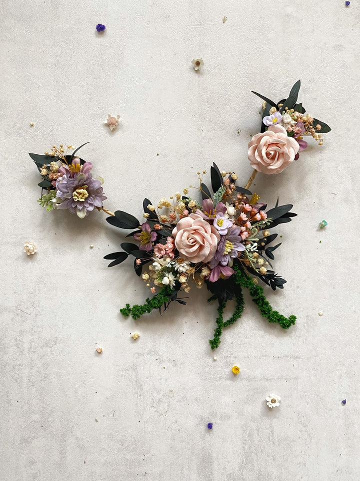 Blush Floral Wedding Hair Vine: Boho Bridal Headpiece with Hanging Clips – handmade floral hair accessory by magaela