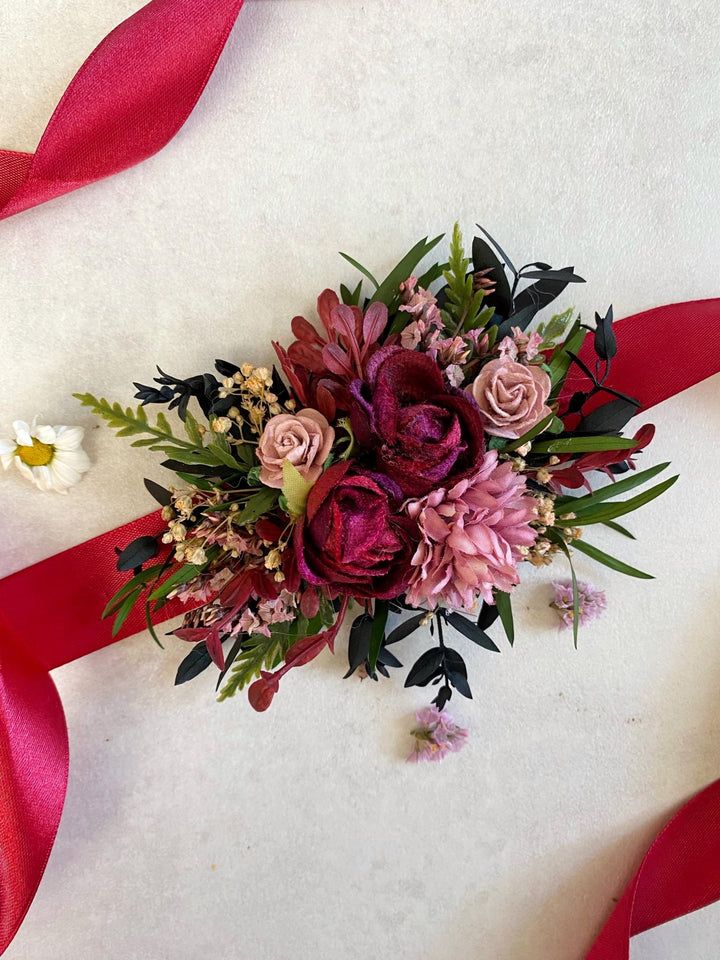 Floral Dog Collar: Burgundy Pink Wedding Flower Collar (S Size) – handmade floral hair accessory by magaela