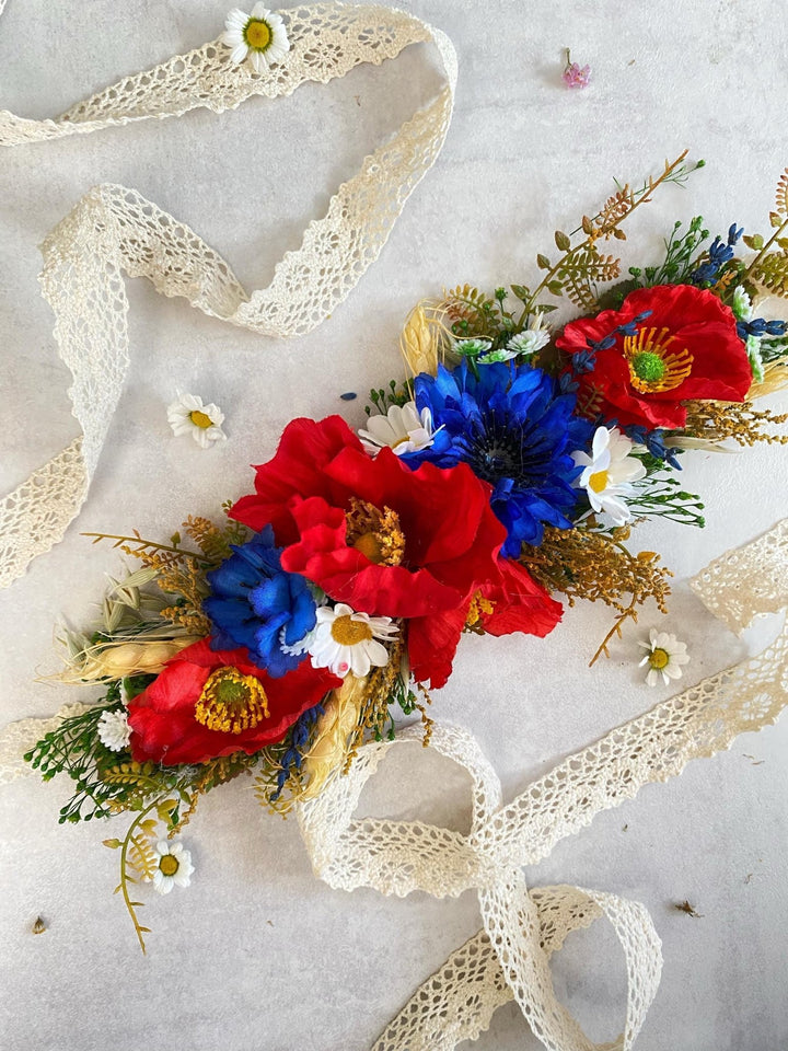 Floral Dog Collar: Folk Meadow Poppy Flower Design, Size L – handmade floral hair accessory by magaela