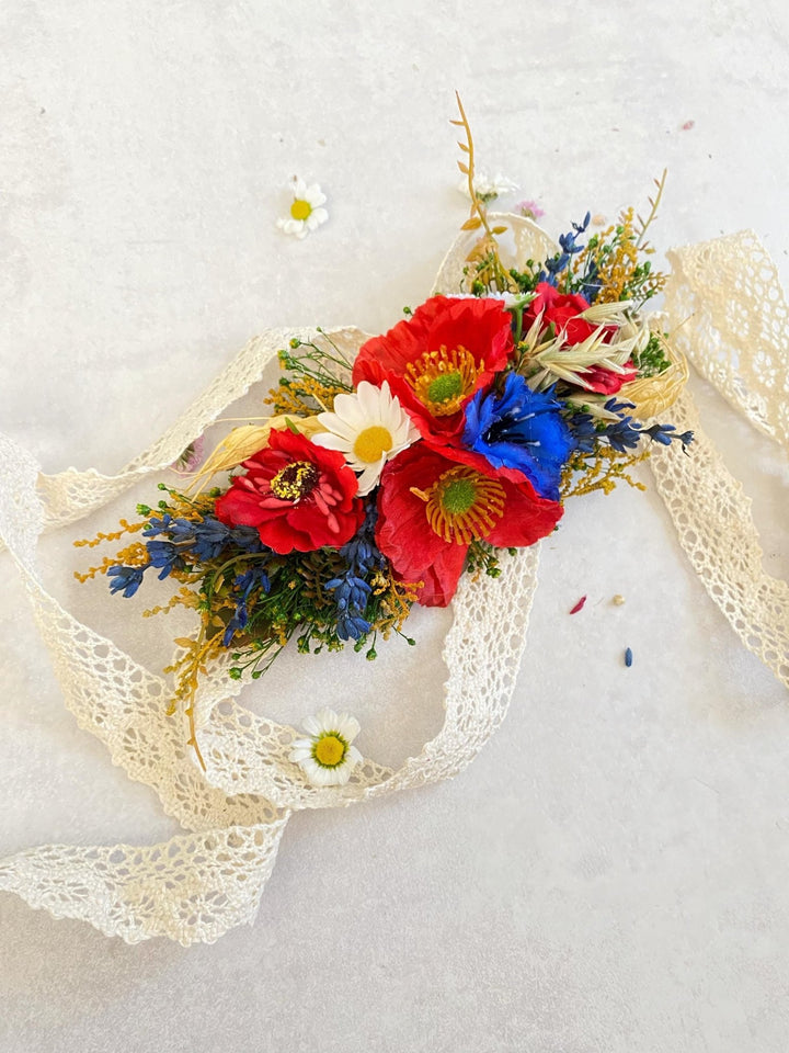 Floral Dog Collar: Poppy Folk Meadow Design - Wedding Accessory (M size) – handmade floral hair accessory by magaela