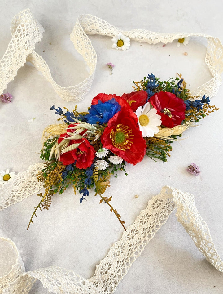 Floral Dog Collar: Poppy Folk Meadow Design - Wedding Accessory (M size) – handmade floral hair accessory by magaela