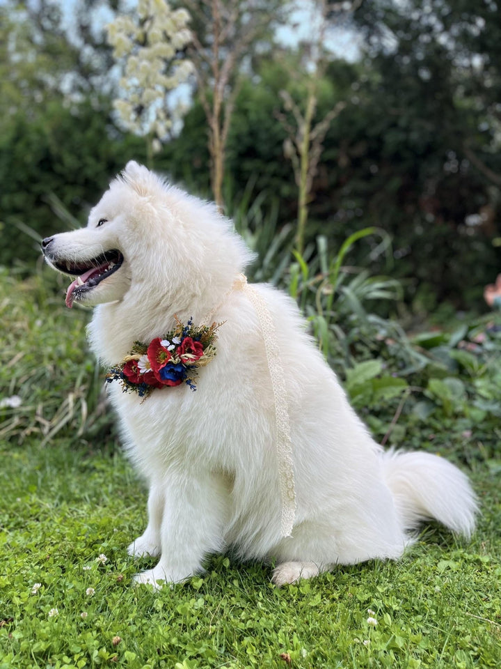 Floral Dog Collar: Poppy Folk Meadow Design - Wedding Accessory (M size) – handmade floral hair accessory by magaela