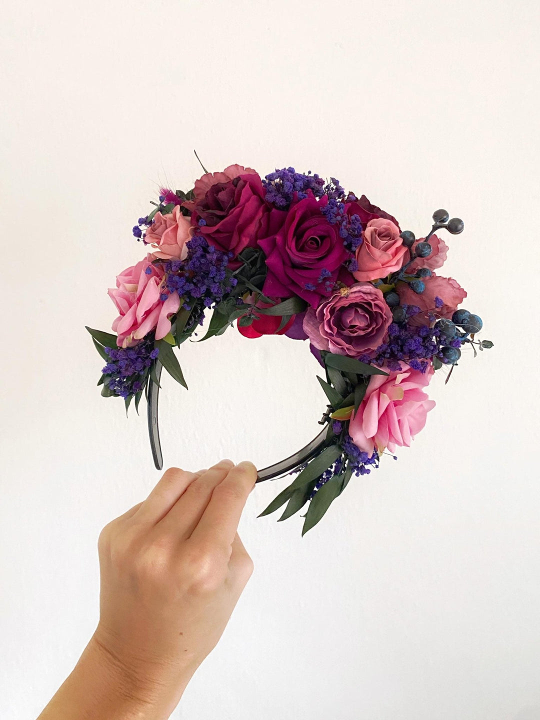 Double sided Frida headband in purple and magenta tones – handmade floral hair accessory by magaela