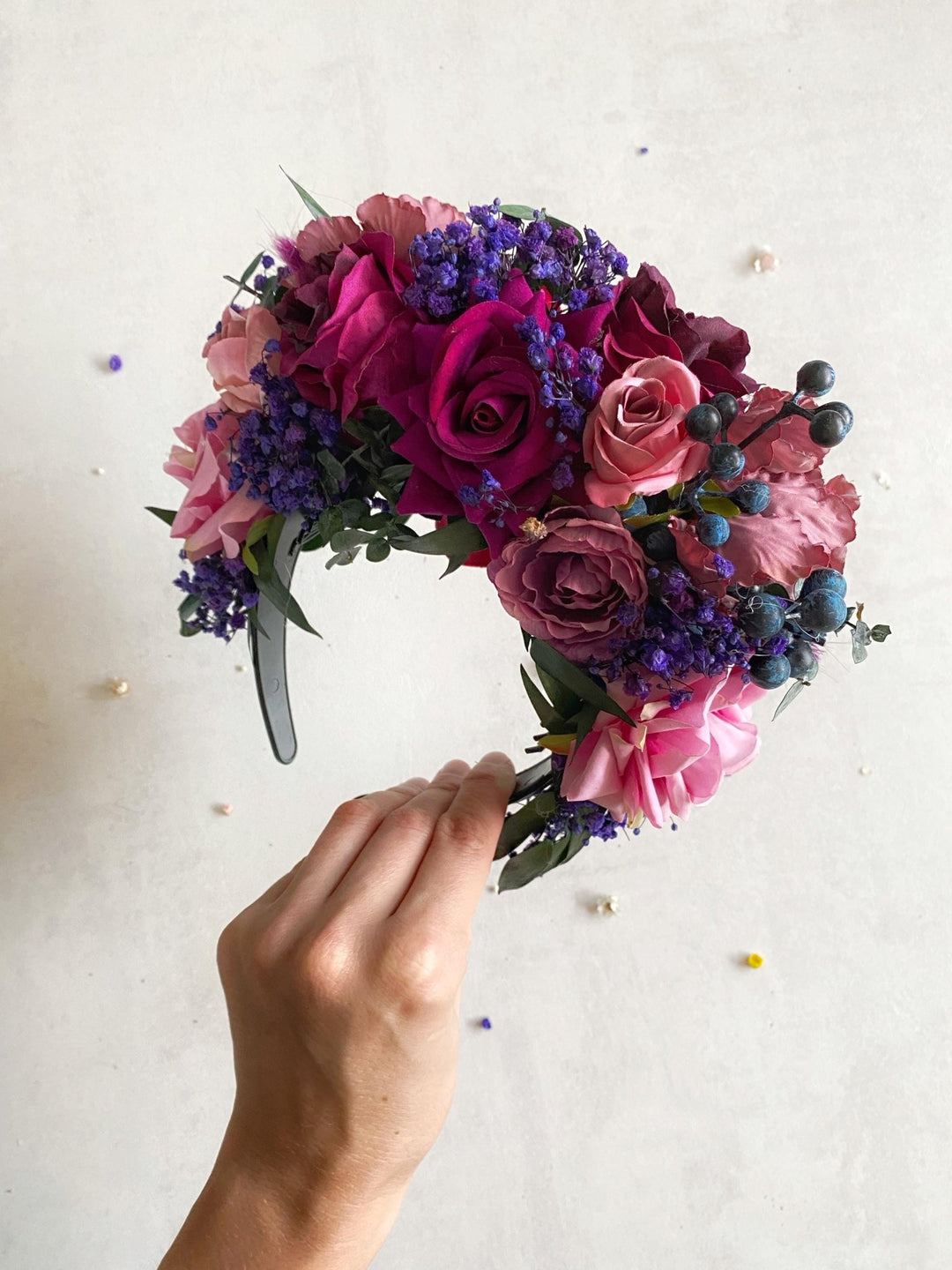 Double sided Frida headband in purple and magenta tones – handmade floral hair accessory by magaela