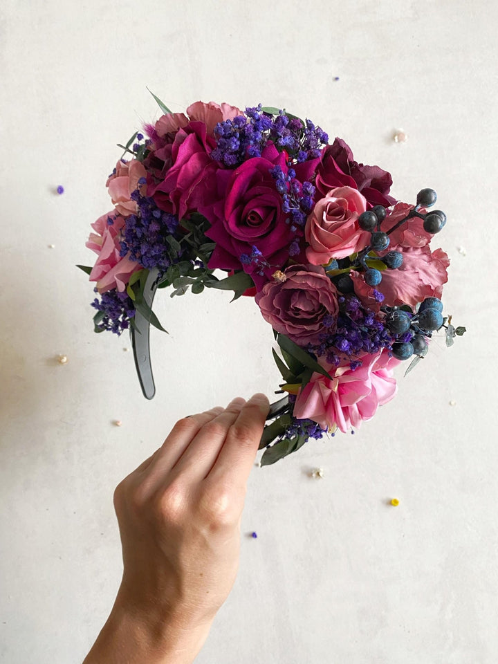 Double sided Frida headband in purple and magenta tones – handmade floral hair accessory by magaela