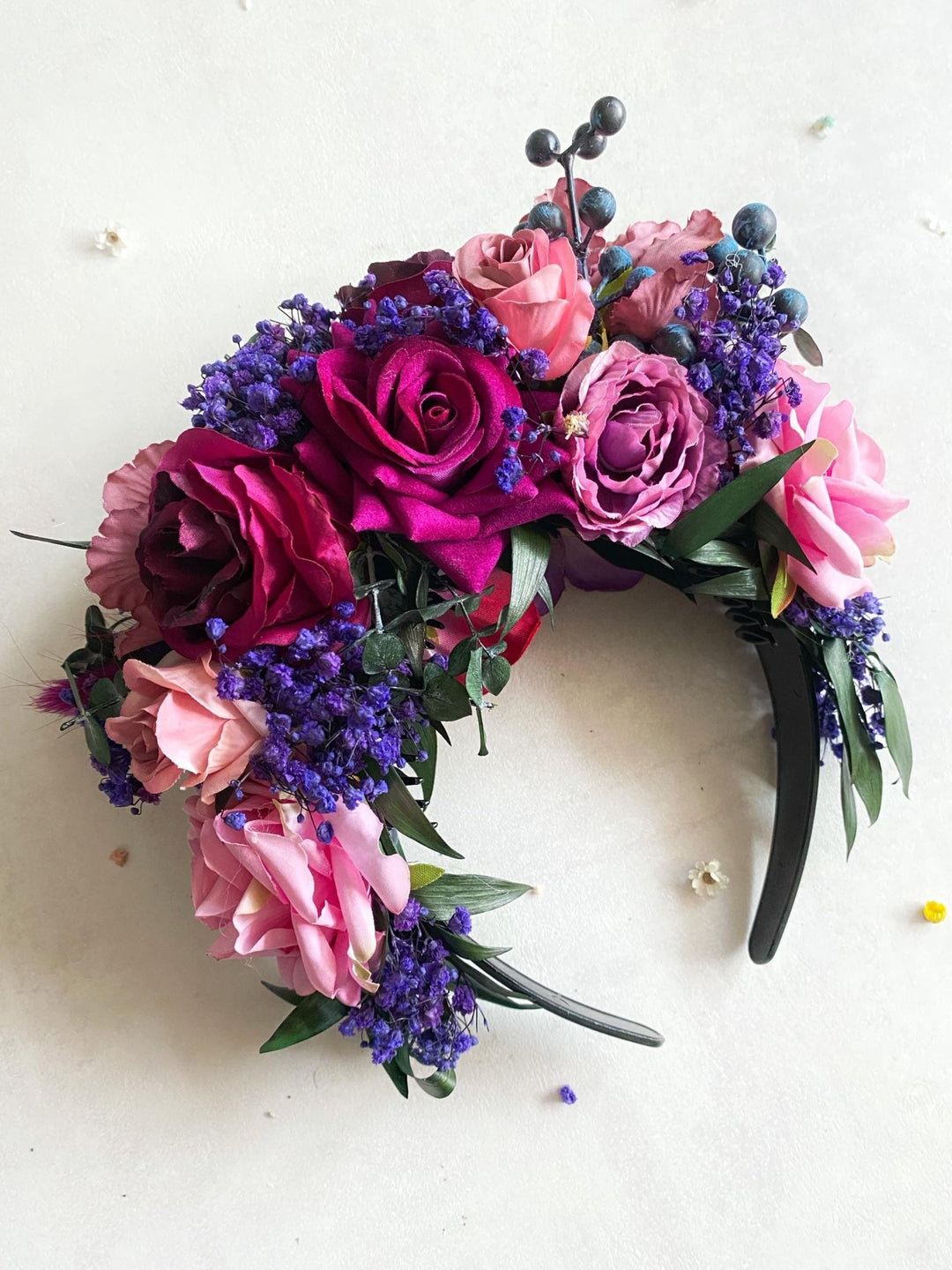 Double sided Frida headband in purple and magenta tones – handmade floral hair accessory by magaela
