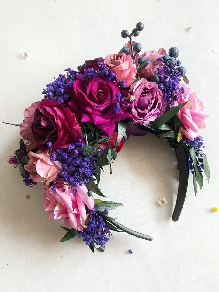 Double sided Frida headband in purple and magenta tones – handmade floral hair accessory by magaela