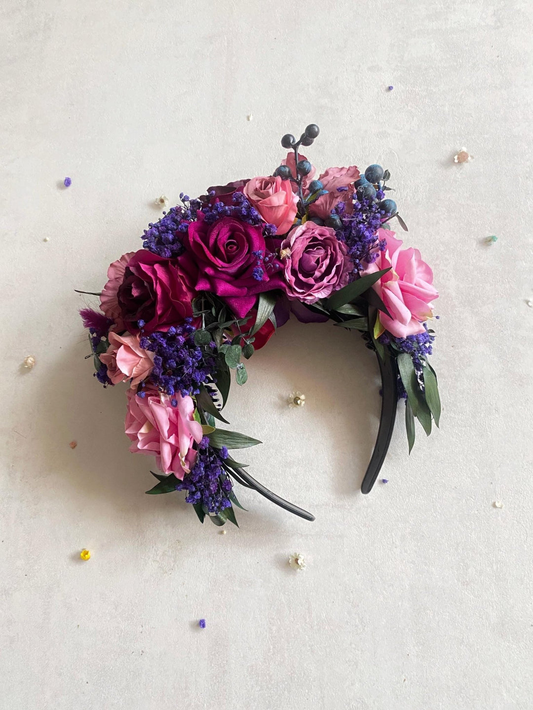 Double sided Frida headband in purple and magenta tones – handmade floral hair accessory by magaela