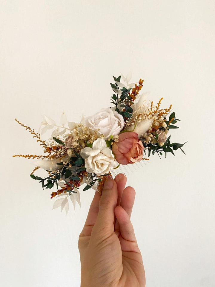 Rustic Wedding Flower Crown with Hair Comb In Earthy tones – handmade floral hair accessory by magaela