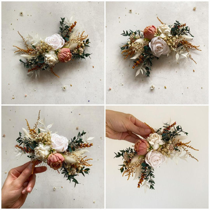 Rustic Wedding Flower Crown with Hair Comb In Earthy tones – handmade floral hair accessory by magaela